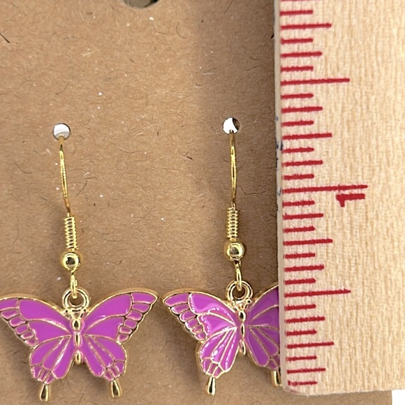 18k Gold Platted Hook Butterfly Enamel Dangle Charm Earring - Picture 2 of 2